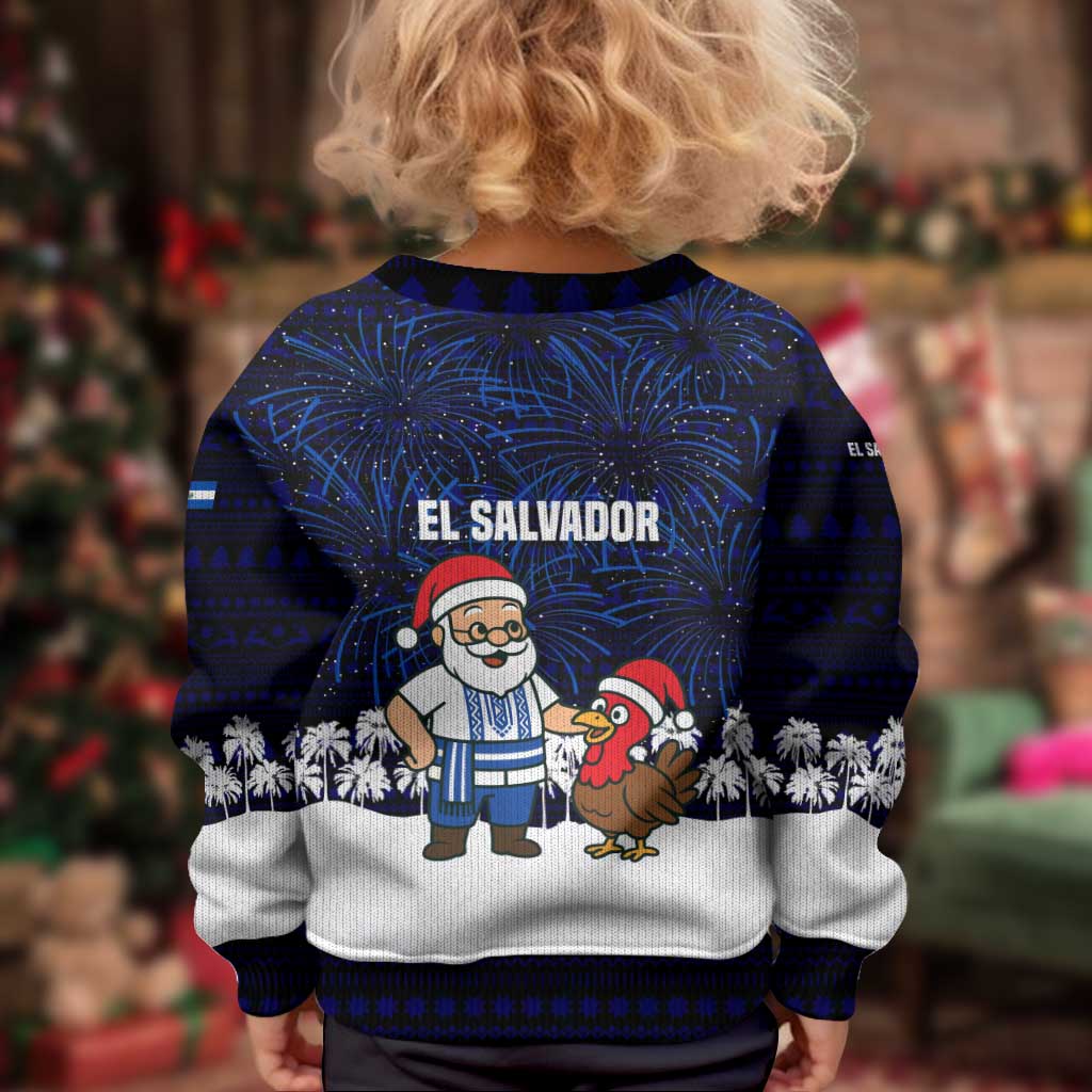 El Salvador Christmas Kid Ugly Christmas Sweater with Santa Claus Turkey Fireworks Palm Trees and National Emblem Design - Wonder Print Shop