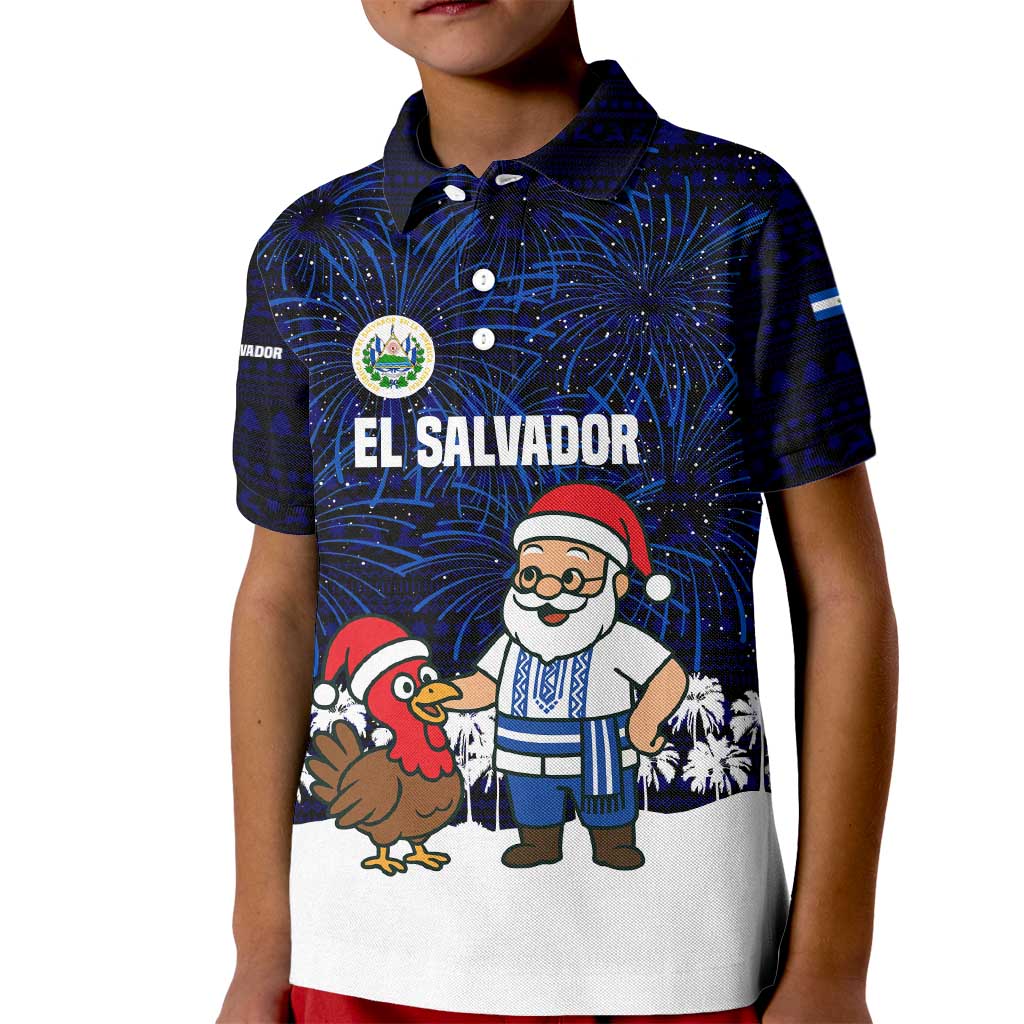 El Salvador Christmas Kid Polo Shirt with Santa Claus Turkey Fireworks Palm Trees and National Emblem Design - Wonder Print Shop