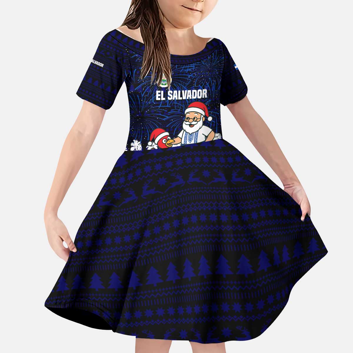 El Salvador Christmas Kid Short Sleeve Dress with Santa Claus Turkey Fireworks Palm Trees and National Emblem Design - Wonder Print Shop