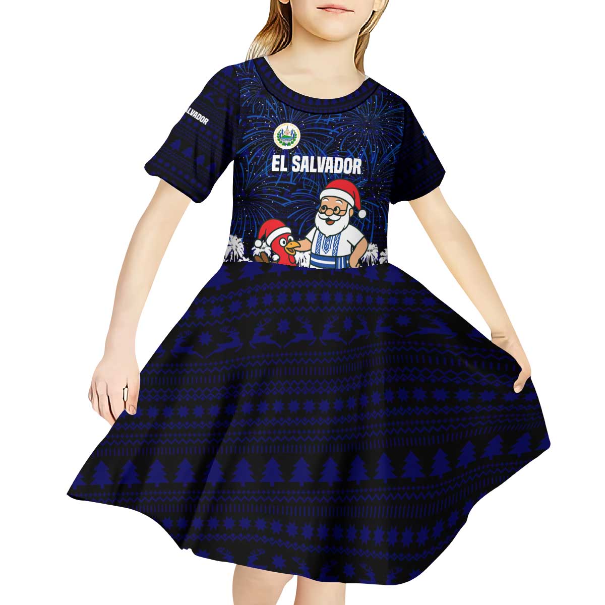 El Salvador Christmas Kid Short Sleeve Dress with Santa Claus Turkey Fireworks Palm Trees and National Emblem Design - Wonder Print Shop