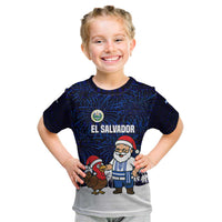 El Salvador Christmas Kid T Shirt with Santa Claus Turkey Fireworks Palm Trees and National Emblem Design - Wonder Print Shop