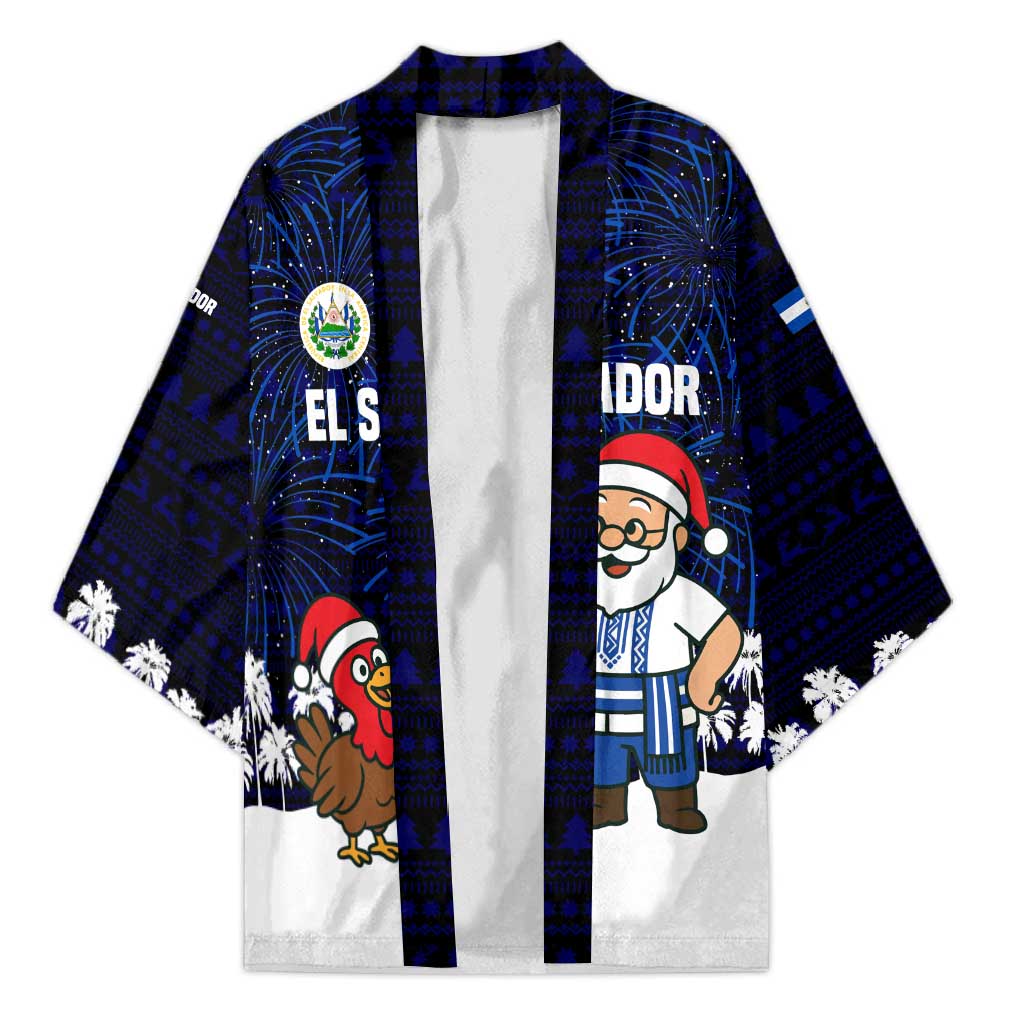 El Salvador Christmas Kimono with Santa Claus Turkey Fireworks Palm Trees and National Emblem Design - Wonder Print Shop