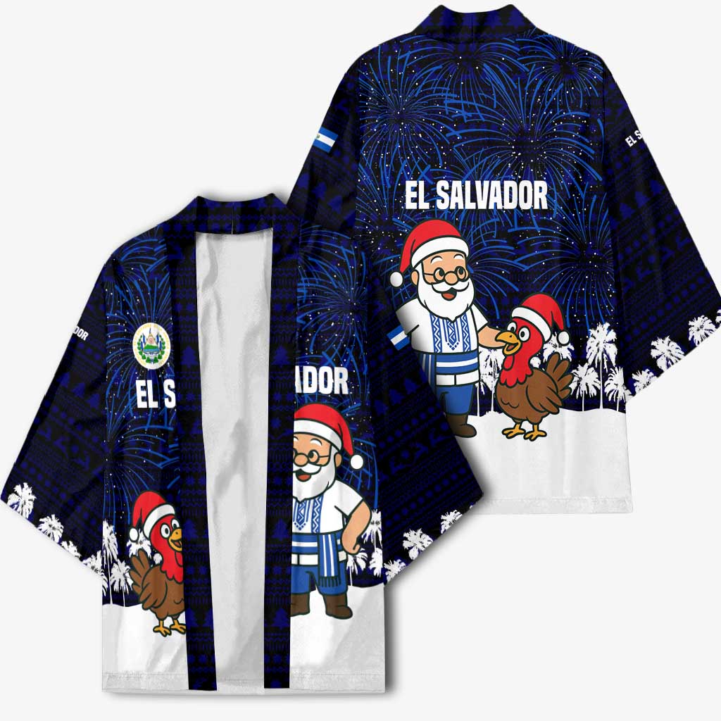 El Salvador Christmas Kimono with Santa Claus Turkey Fireworks Palm Trees and National Emblem Design - Wonder Print Shop