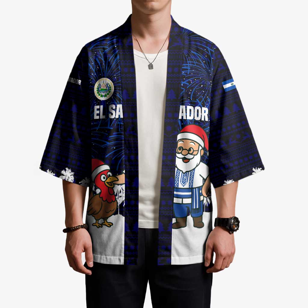 El Salvador Christmas Kimono with Santa Claus Turkey Fireworks Palm Trees and National Emblem Design - Wonder Print Shop