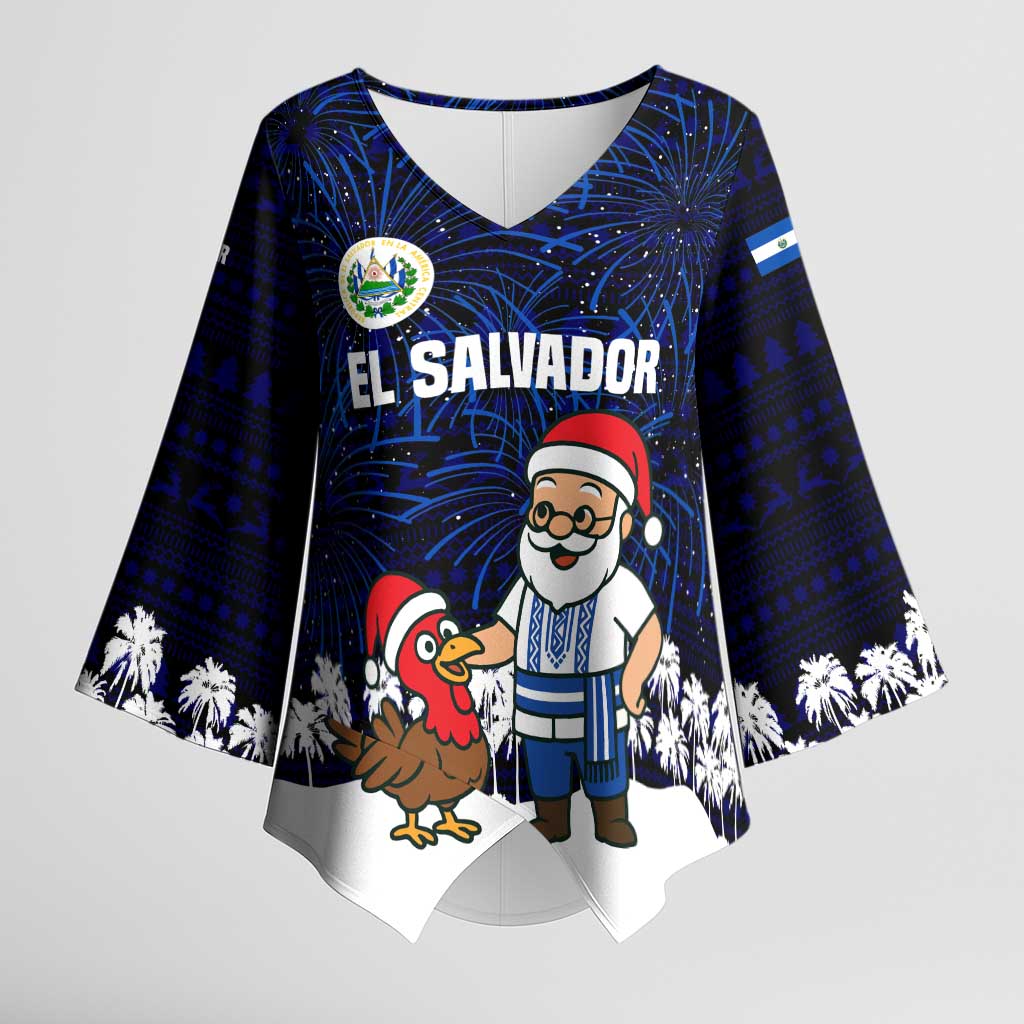 El Salvador Christmas Kimono Sleeve Blouse with Santa Claus Turkey Fireworks Palm Trees and National Emblem Design - Wonder Print Shop