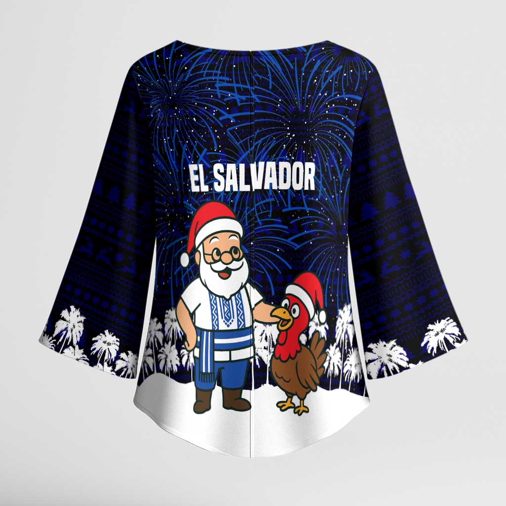 El Salvador Christmas Kimono Sleeve Blouse with Santa Claus Turkey Fireworks Palm Trees and National Emblem Design - Wonder Print Shop