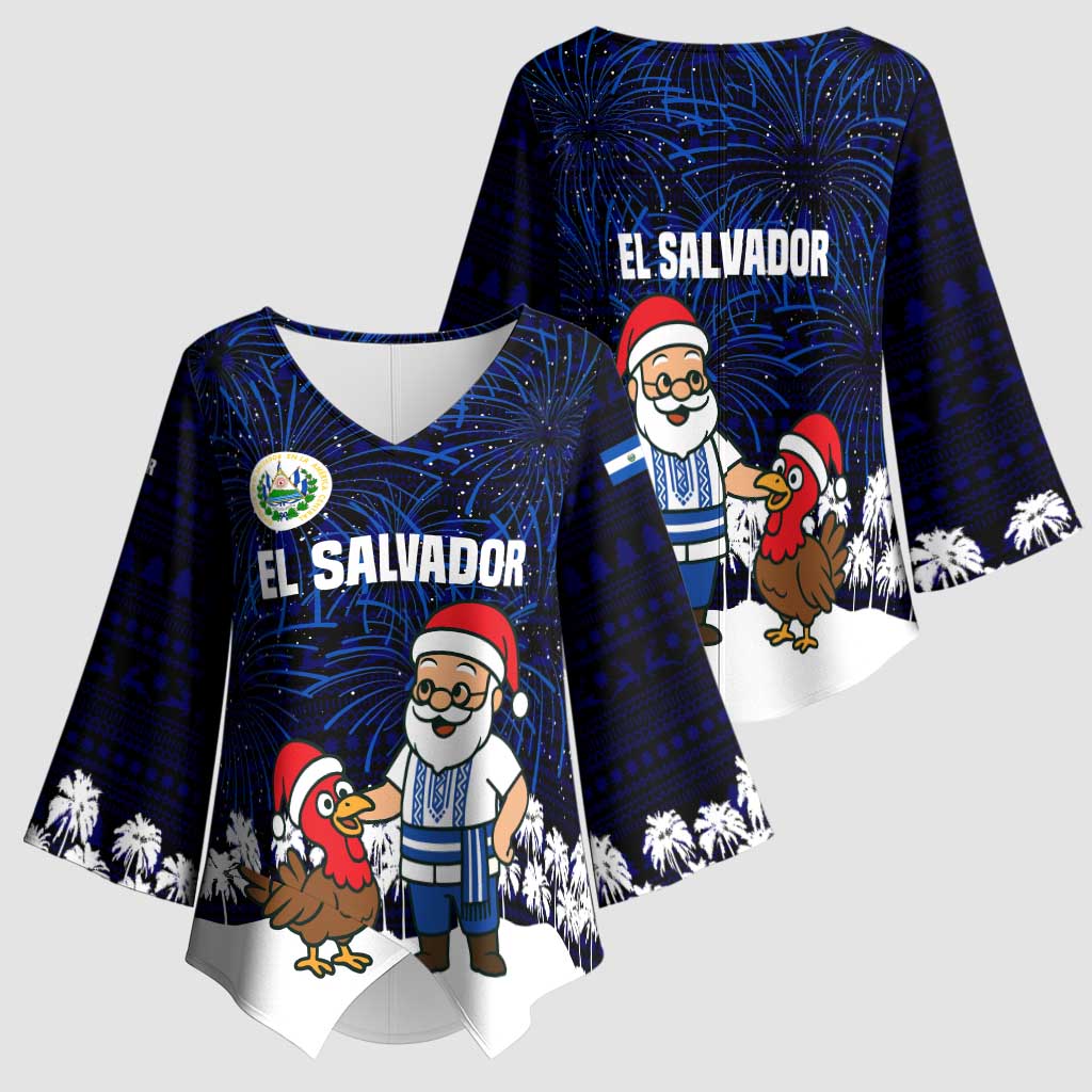 El Salvador Christmas Kimono Sleeve Blouse with Santa Claus Turkey Fireworks Palm Trees and National Emblem Design - Wonder Print Shop