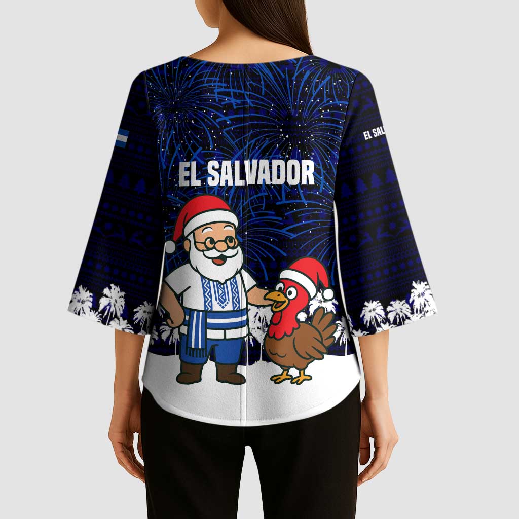El Salvador Christmas Kimono Sleeve Blouse with Santa Claus Turkey Fireworks Palm Trees and National Emblem Design - Wonder Print Shop