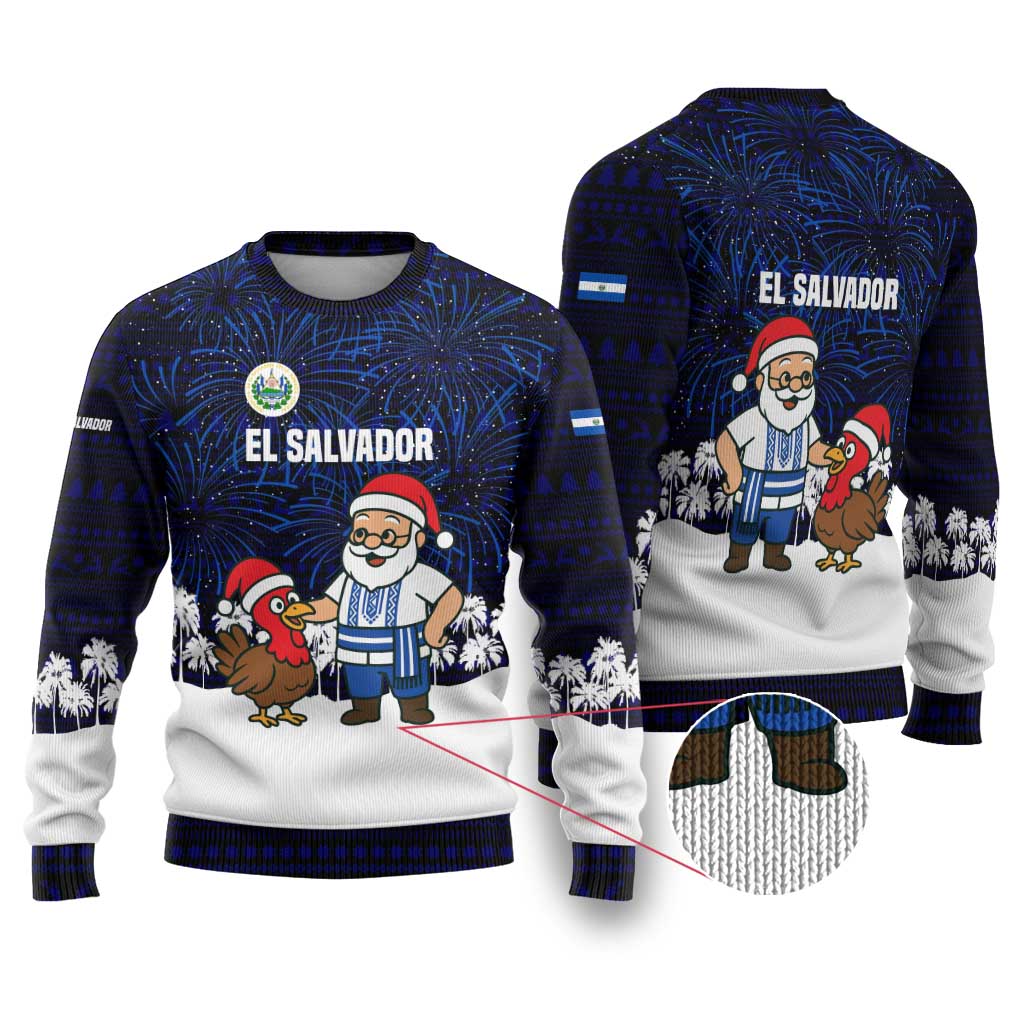 El Salvador Christmas Ugly Christmas Sweater with Santa Claus Turkey Fireworks Palm Trees and National Emblem Design - Wonder Print Shop