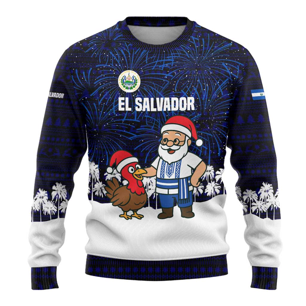 El Salvador Christmas Ugly Christmas Sweater with Santa Claus Turkey Fireworks Palm Trees and National Emblem Design - Wonder Print Shop