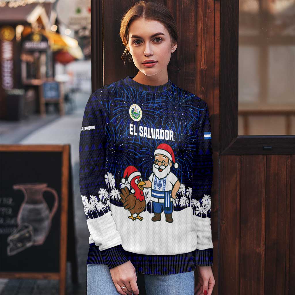 El Salvador Christmas Ugly Christmas Sweater with Santa Claus Turkey Fireworks Palm Trees and National Emblem Design - Wonder Print Shop
