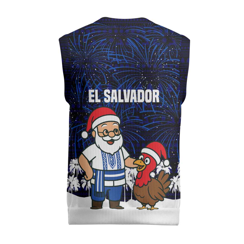 El Salvador Christmas Knitted V-Neck Vest with Santa Claus Turkey Fireworks Palm Trees and National Emblem Design - Wonder Print Shop