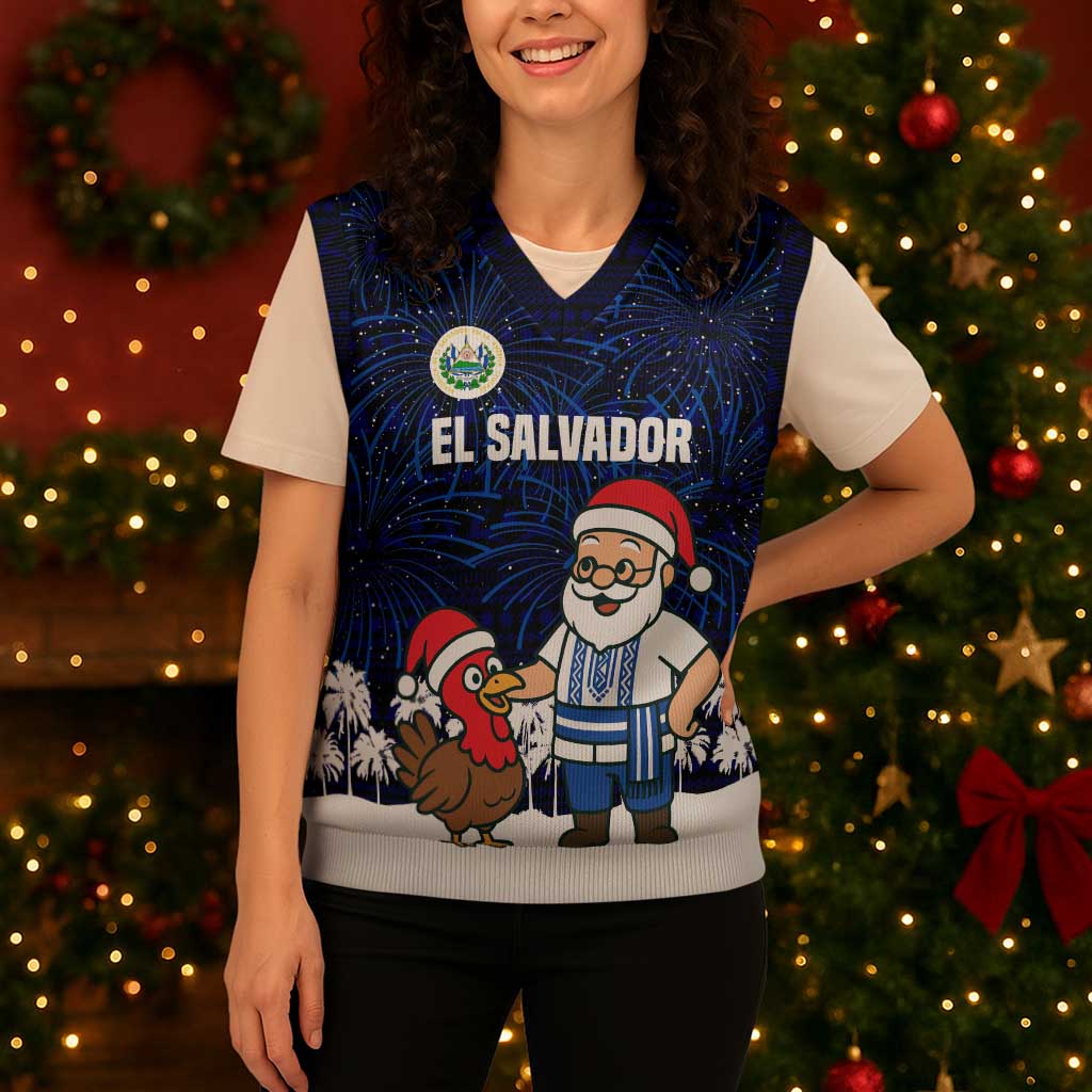 El Salvador Christmas Knitted V-Neck Vest with Santa Claus Turkey Fireworks Palm Trees and National Emblem Design - Wonder Print Shop