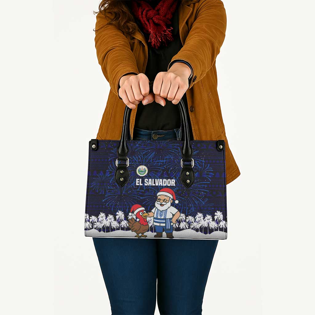 El Salvador Christmas Leather Bag with Santa Claus Turkey Fireworks Palm Trees and National Emblem Design - Wonder Print Shop