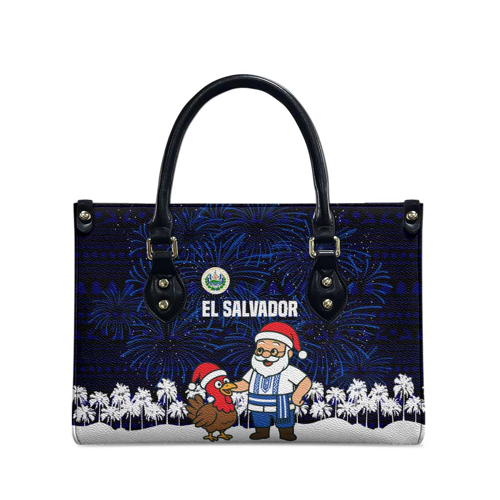 El Salvador Christmas Leather Bag with Santa Claus Turkey Fireworks Palm Trees and National Emblem Design - Wonder Print Shop
