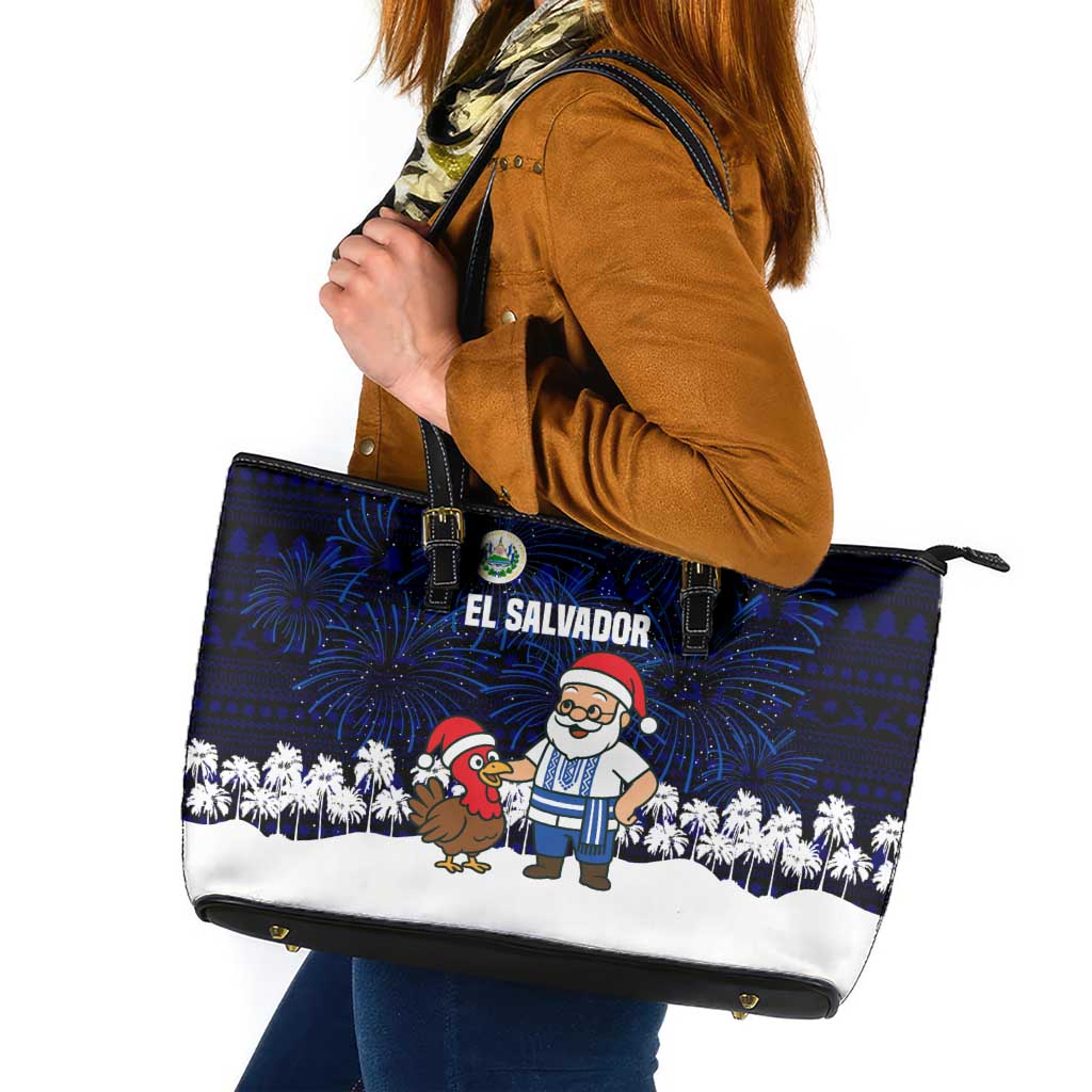 El Salvador Christmas Leather Tote Bag with Santa Claus Turkey Fireworks Palm Trees and National Emblem Design - Wonder Print Shop