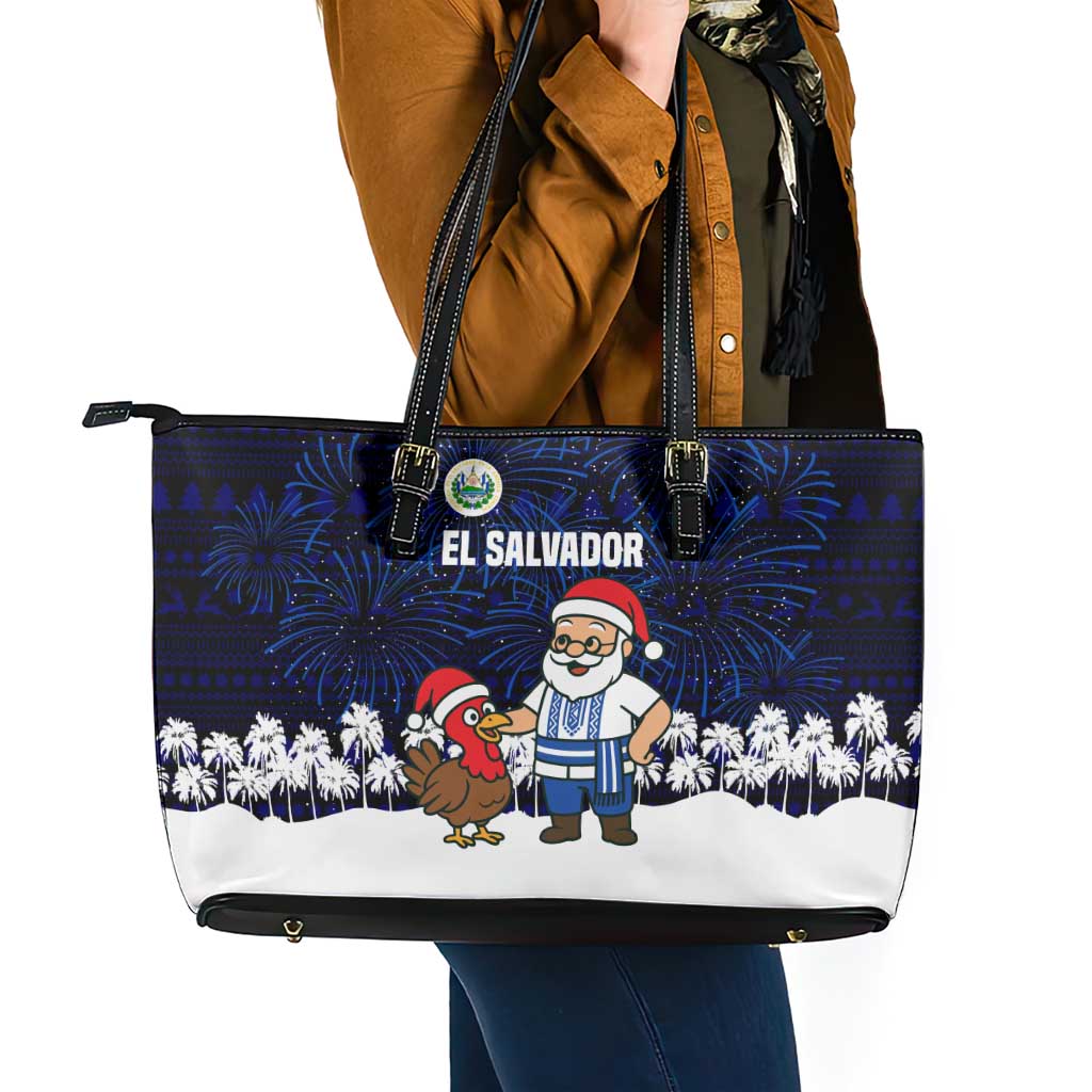 El Salvador Christmas Leather Tote Bag with Santa Claus Turkey Fireworks Palm Trees and National Emblem Design - Wonder Print Shop