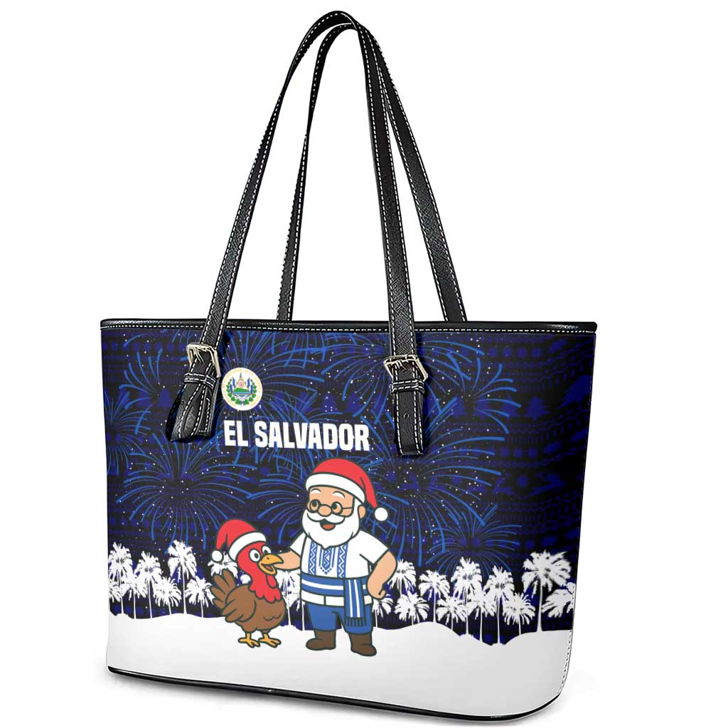 El Salvador Christmas Leather Tote Bag with Santa Claus Turkey Fireworks Palm Trees and National Emblem Design - Wonder Print Shop