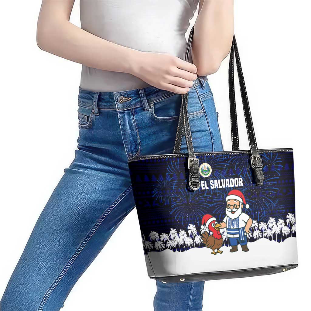 El Salvador Christmas Leather Tote Bag with Santa Claus Turkey Fireworks Palm Trees and National Emblem Design - Wonder Print Shop