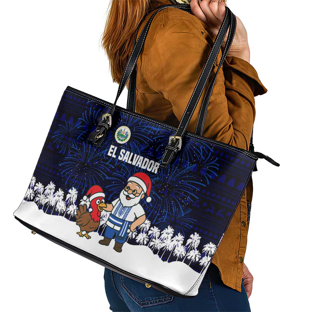 El Salvador Christmas Leather Tote Bag with Santa Claus Turkey Fireworks Palm Trees and National Emblem Design - Wonder Print Shop