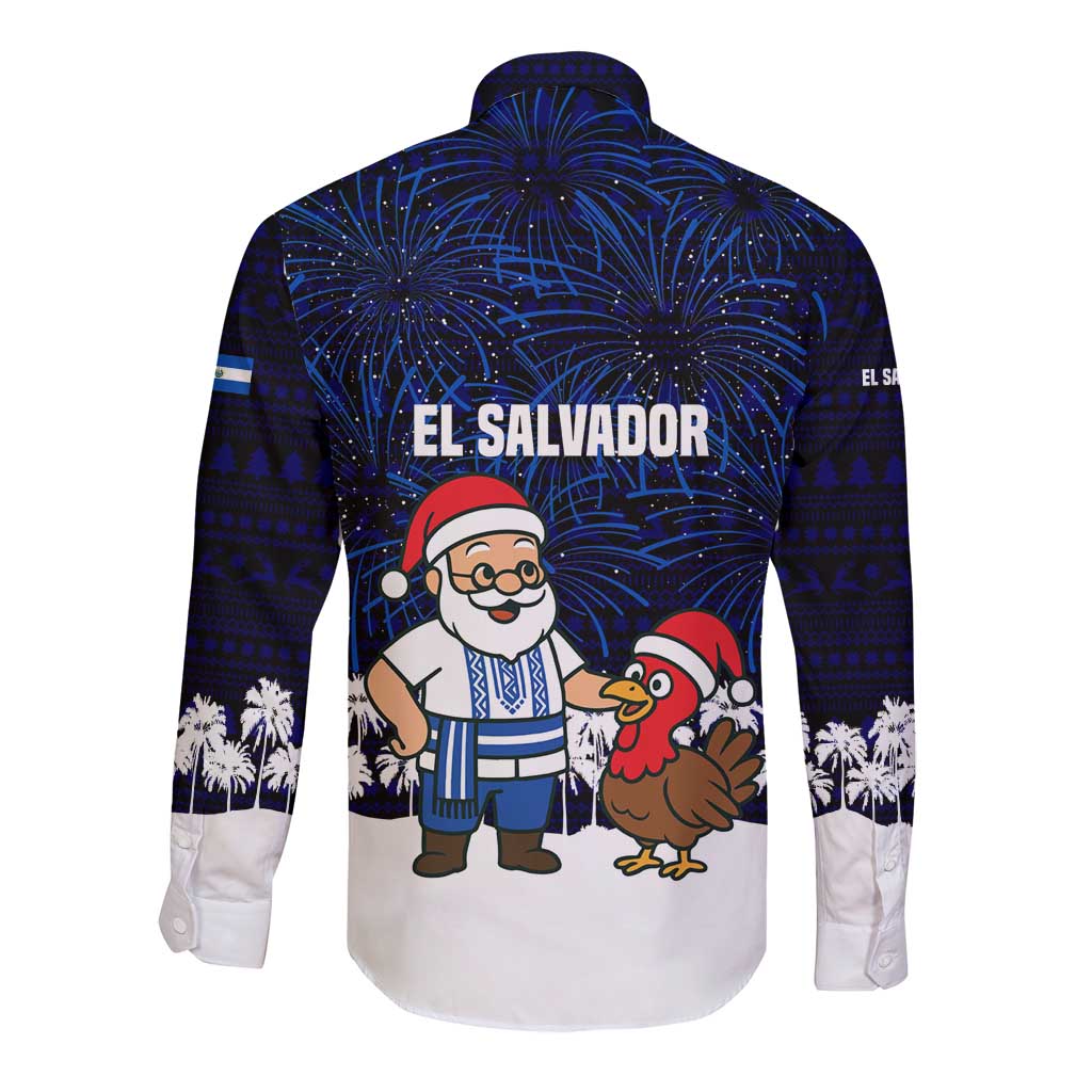 El Salvador Christmas Long Sleeve Button Shirt with Santa Claus Turkey Fireworks Palm Trees and National Emblem Design - Wonder Print Shop