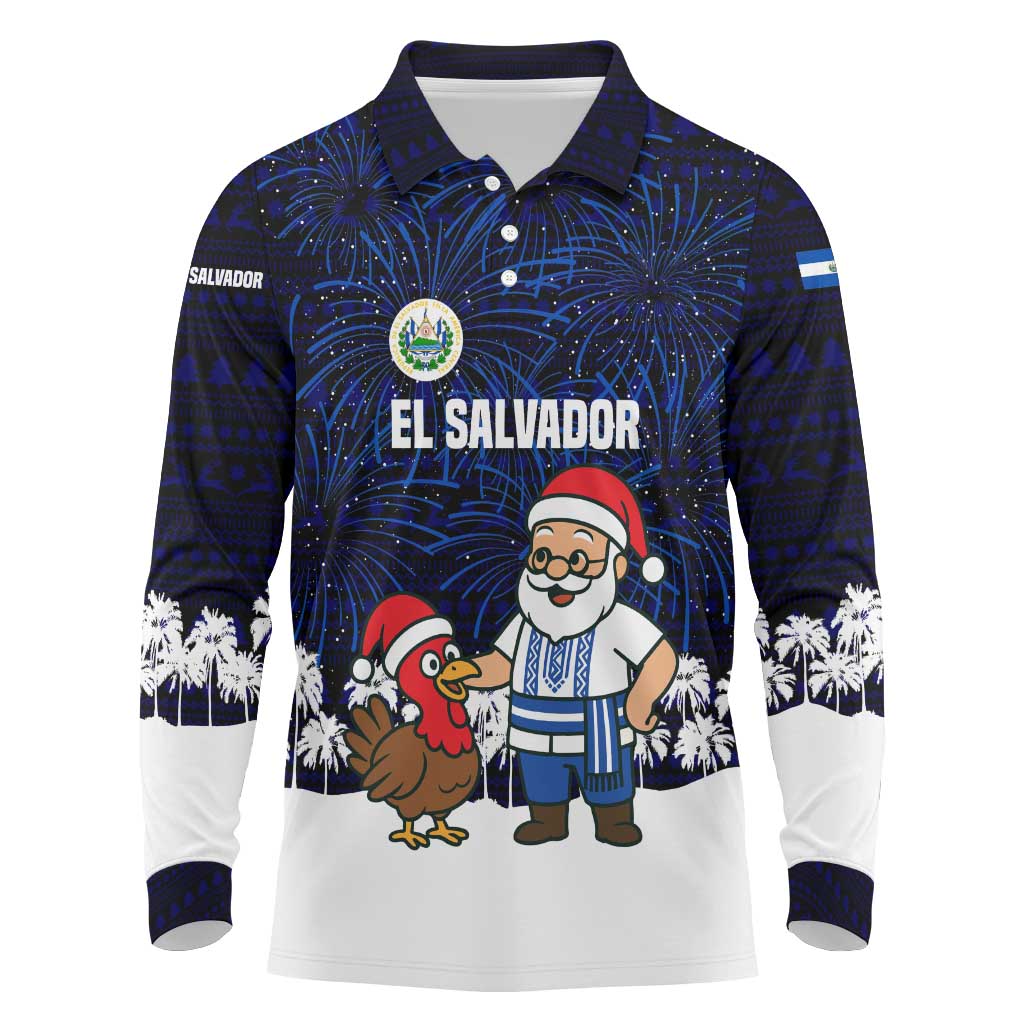 El Salvador Christmas Long Sleeve Polo Shirt with Santa Claus Turkey Fireworks Palm Trees and National Emblem Design - Wonder Print Shop