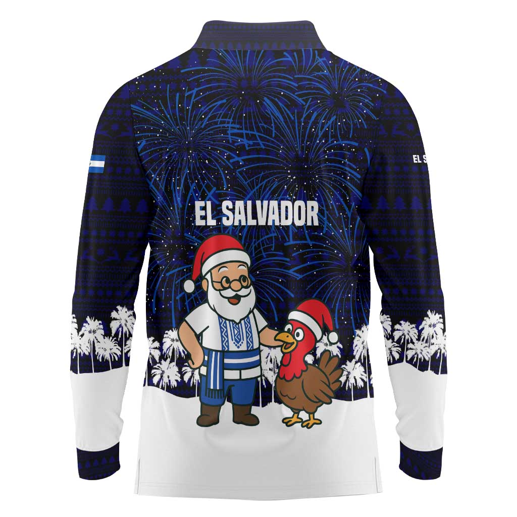 El Salvador Christmas Long Sleeve Polo Shirt with Santa Claus Turkey Fireworks Palm Trees and National Emblem Design - Wonder Print Shop