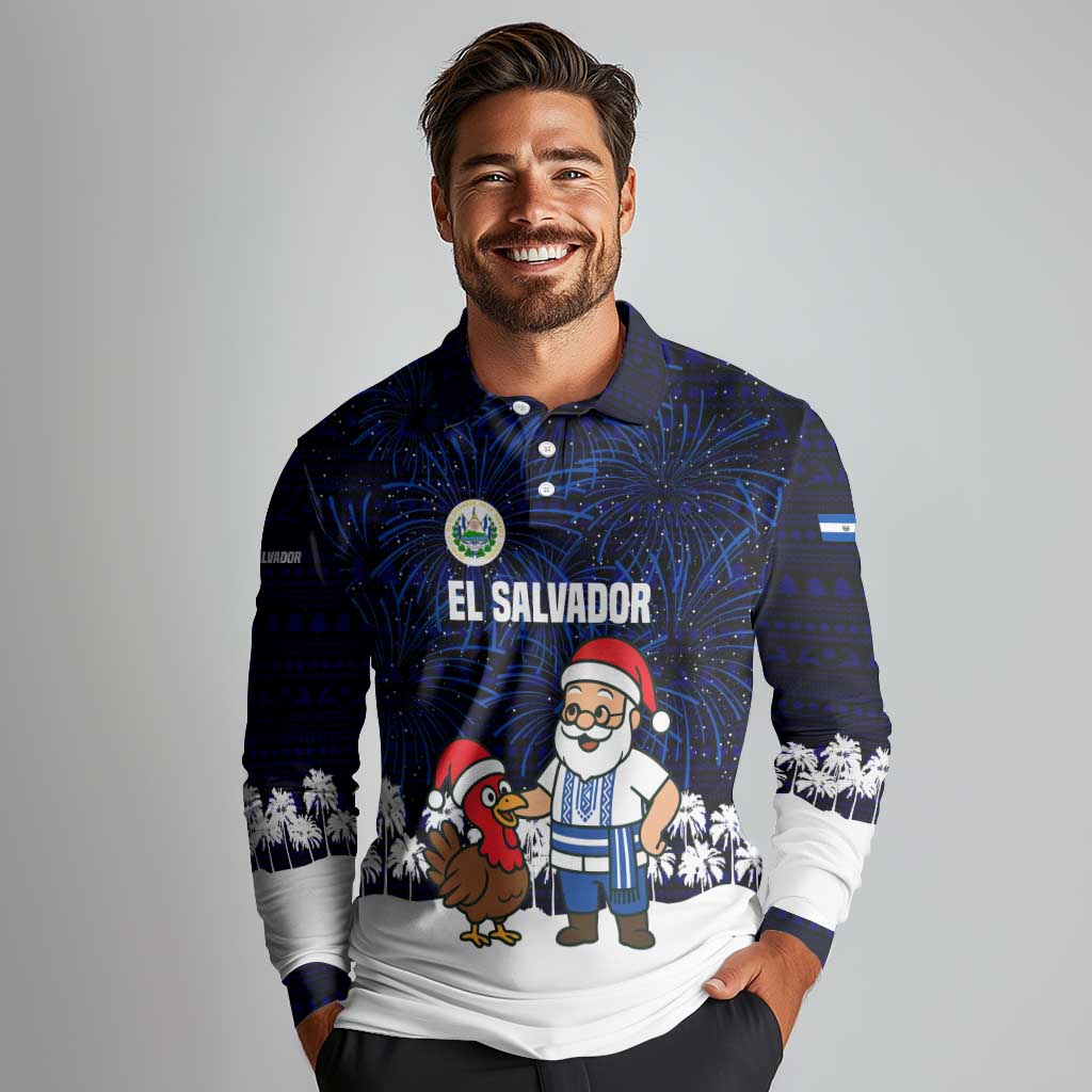 El Salvador Christmas Long Sleeve Polo Shirt with Santa Claus Turkey Fireworks Palm Trees and National Emblem Design - Wonder Print Shop