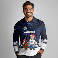 El Salvador Christmas Long Sleeve Polo Shirt with Santa Claus Turkey Fireworks Palm Trees and National Emblem Design - Wonder Print Shop