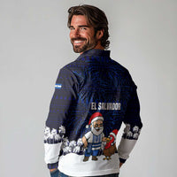 El Salvador Christmas Long Sleeve Polo Shirt with Santa Claus Turkey Fireworks Palm Trees and National Emblem Design - Wonder Print Shop