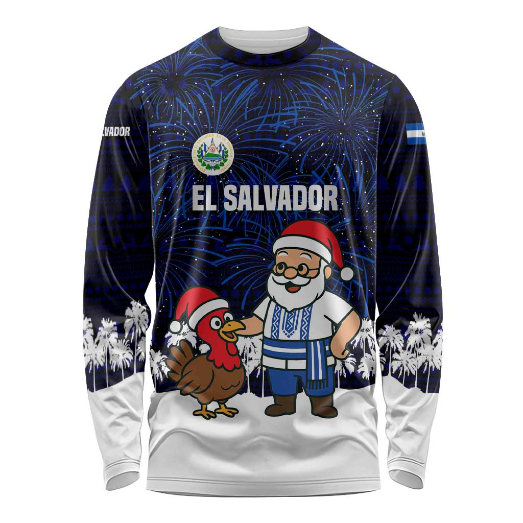 El Salvador Christmas Long Sleeve Shirt with Santa Claus Turkey Fireworks Palm Trees and National Emblem Design - Wonder Print Shop