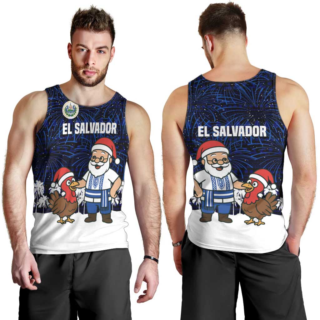 El Salvador Christmas Men Tank Top with Santa Claus Turkey Fireworks Palm Trees and National Emblem Design - Wonder Print Shop