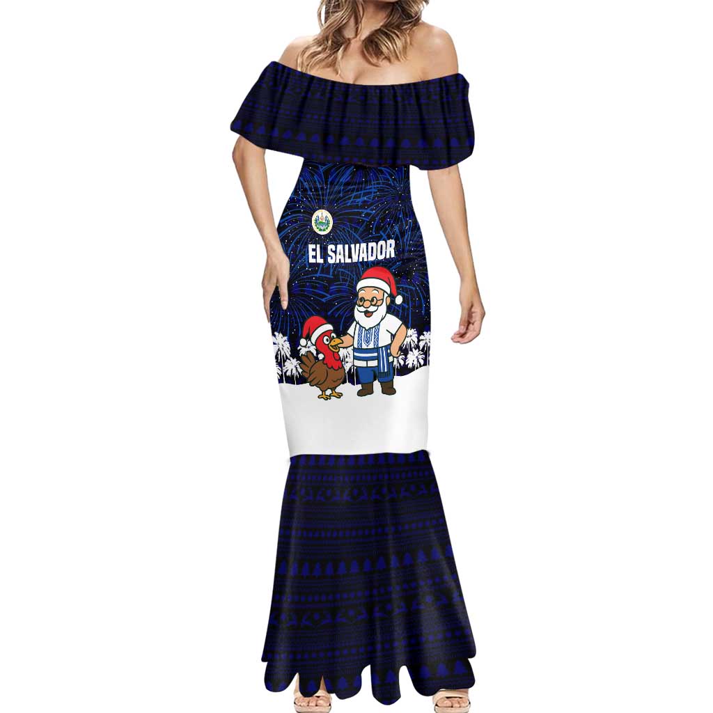 El Salvador Christmas Mermaid Dress with Santa Claus Turkey Fireworks Palm Trees and National Emblem Design - Wonder Print Shop