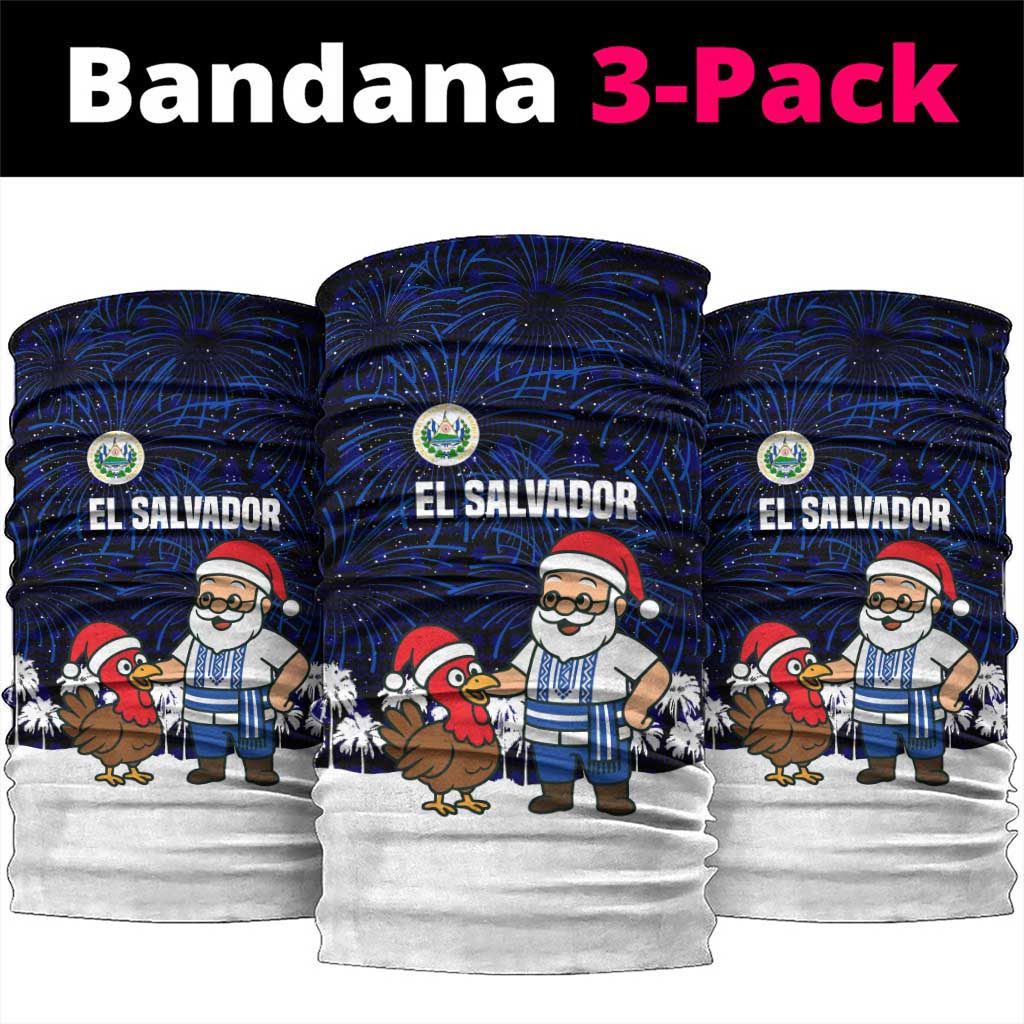 El Salvador Christmas Neck Gaiter with Santa Claus Turkey Fireworks Palm Trees and National Emblem Design - Wonder Print Shop