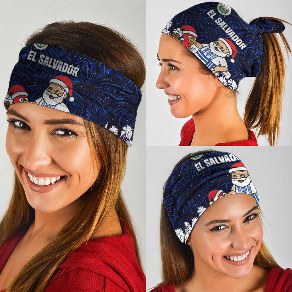 El Salvador Christmas Neck Gaiter with Santa Claus Turkey Fireworks Palm Trees and National Emblem Design - Wonder Print Shop