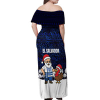El Salvador Christmas Off Shoulder Maxi Dress with Santa Claus Turkey Fireworks Palm Trees and National Emblem Design - Wonder Print Shop