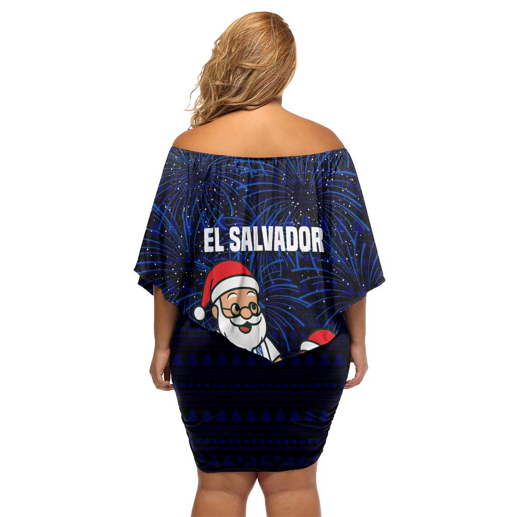 El Salvador Christmas Off Shoulder Short Dress with Santa Claus Turkey Fireworks Palm Trees and National Emblem Design - Wonder Print Shop