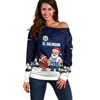 El Salvador Christmas Off Shoulder Sweater with Santa Claus Turkey Fireworks Palm Trees and National Emblem Design - Wonder Print Shop
