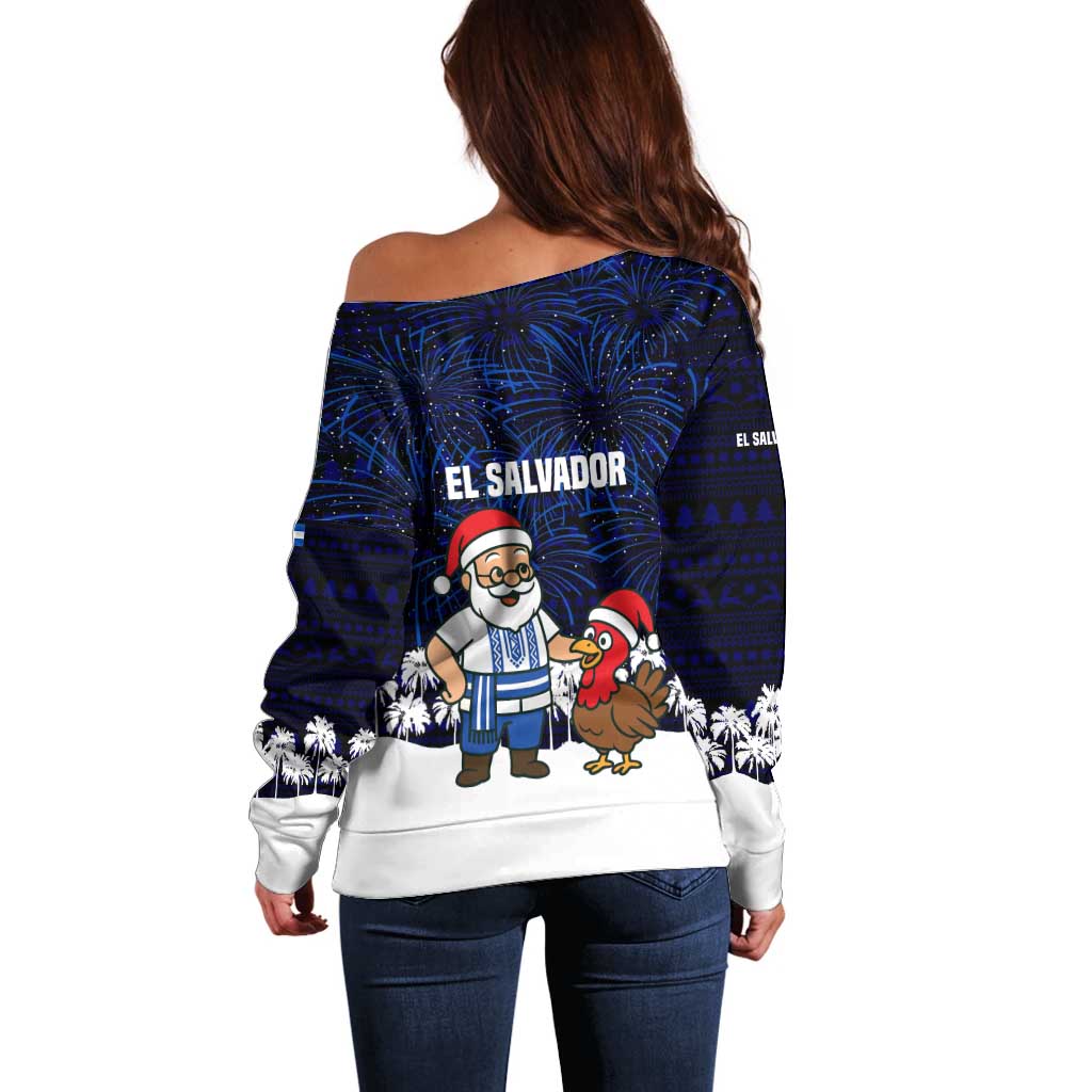El Salvador Christmas Off Shoulder Sweater with Santa Claus Turkey Fireworks Palm Trees and National Emblem Design - Wonder Print Shop