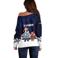 El Salvador Christmas Off Shoulder Sweater with Santa Claus Turkey Fireworks Palm Trees and National Emblem Design - Wonder Print Shop