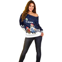 El Salvador Christmas Off Shoulder Sweater with Santa Claus Turkey Fireworks Palm Trees and National Emblem Design - Wonder Print Shop