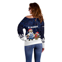 El Salvador Christmas Off Shoulder Sweater with Santa Claus Turkey Fireworks Palm Trees and National Emblem Design - Wonder Print Shop