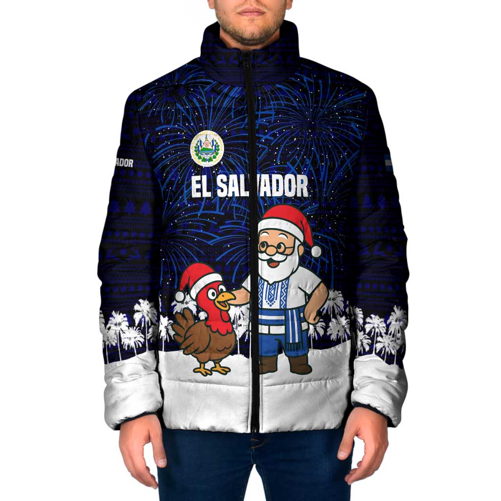 El Salvador Christmas Padded Jacket with Santa Claus Turkey Fireworks Palm Trees and National Emblem Design - Wonder Print Shop