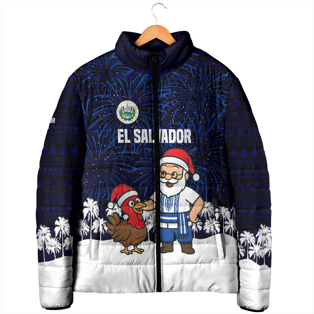 El Salvador Christmas Padded Jacket with Santa Claus Turkey Fireworks Palm Trees and National Emblem Design - Wonder Print Shop