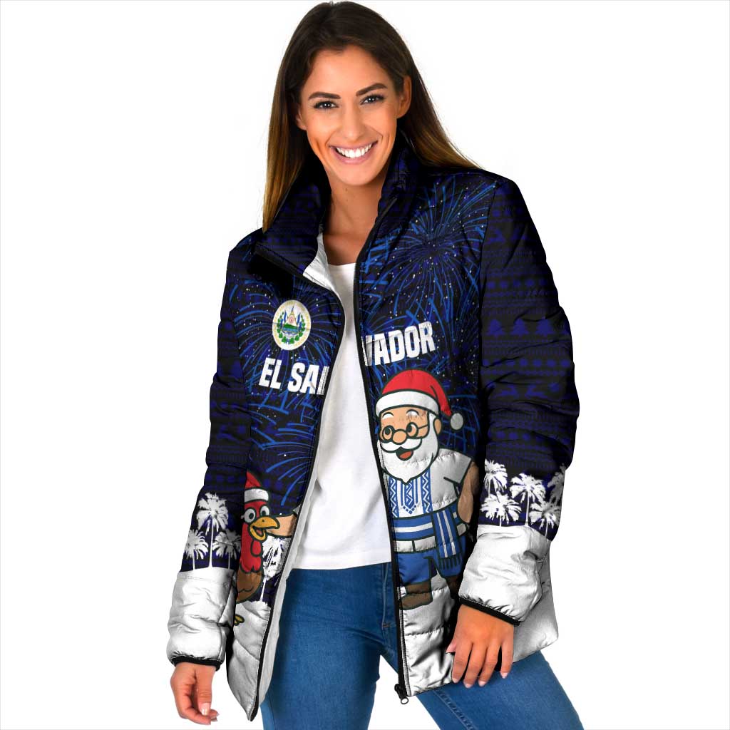 El Salvador Christmas Padded Jacket with Santa Claus Turkey Fireworks Palm Trees and National Emblem Design - Wonder Print Shop