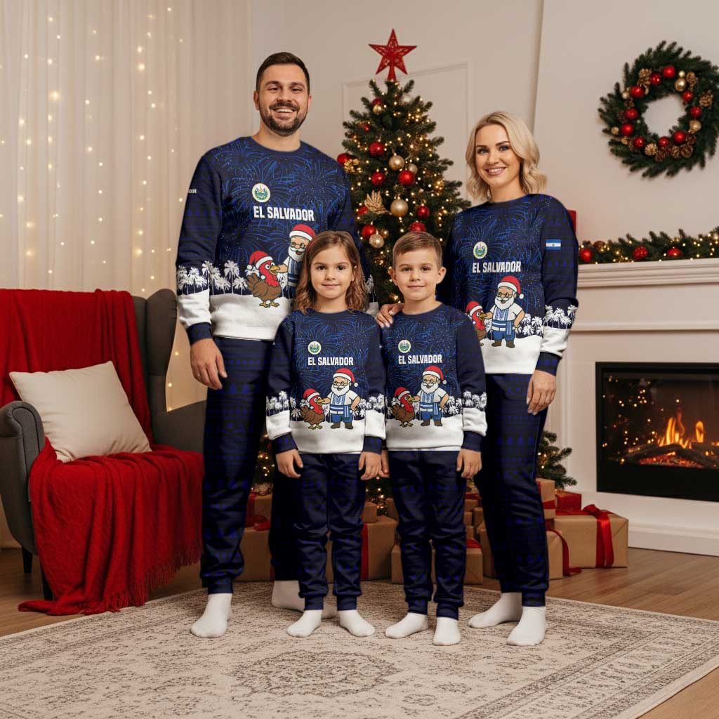 El Salvador Christmas Pajama Set with Santa Claus Turkey Fireworks Palm Trees and National Emblem Design - Wonder Print Shop