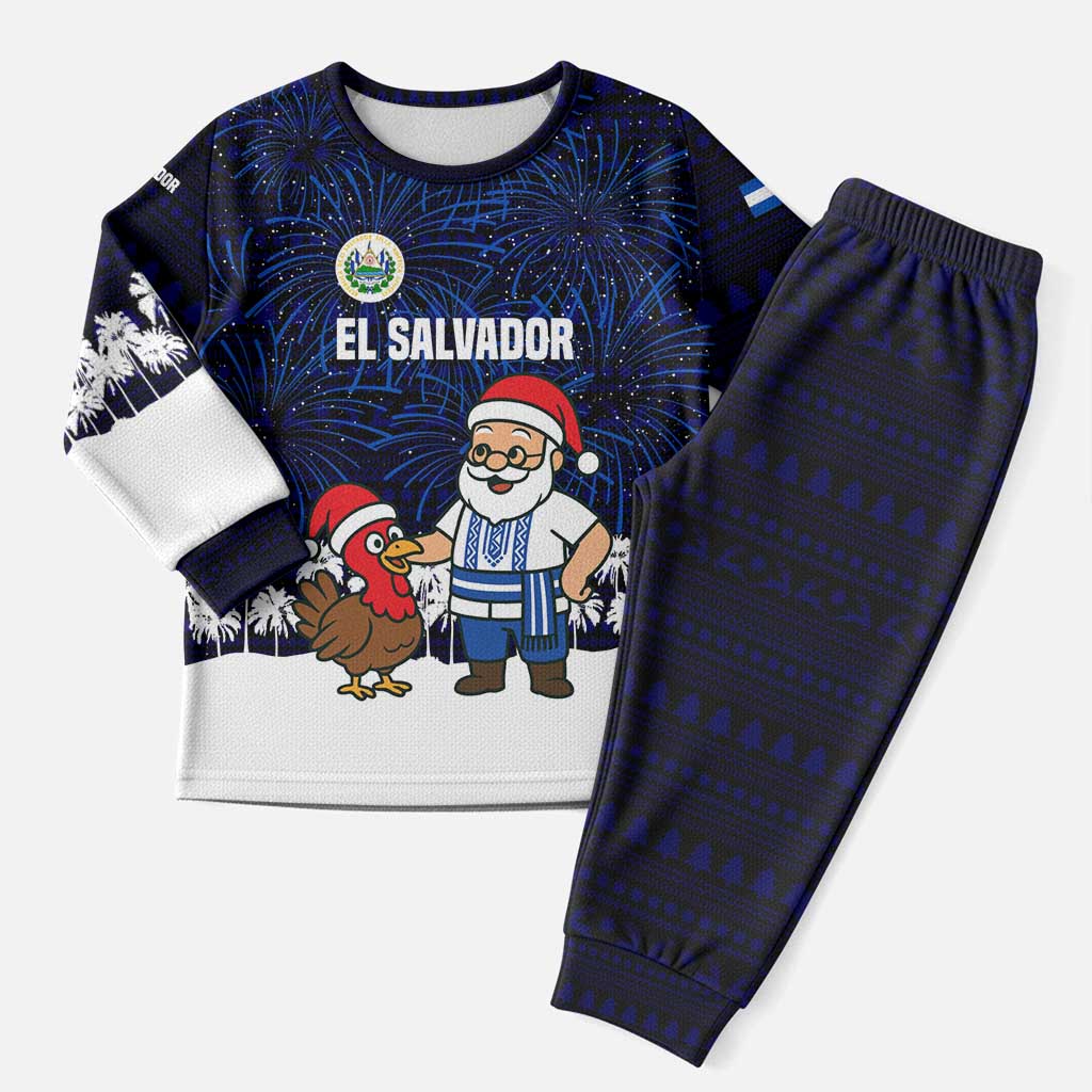 El Salvador Christmas Pajama Set with Santa Claus Turkey Fireworks Palm Trees and National Emblem Design - Wonder Print Shop