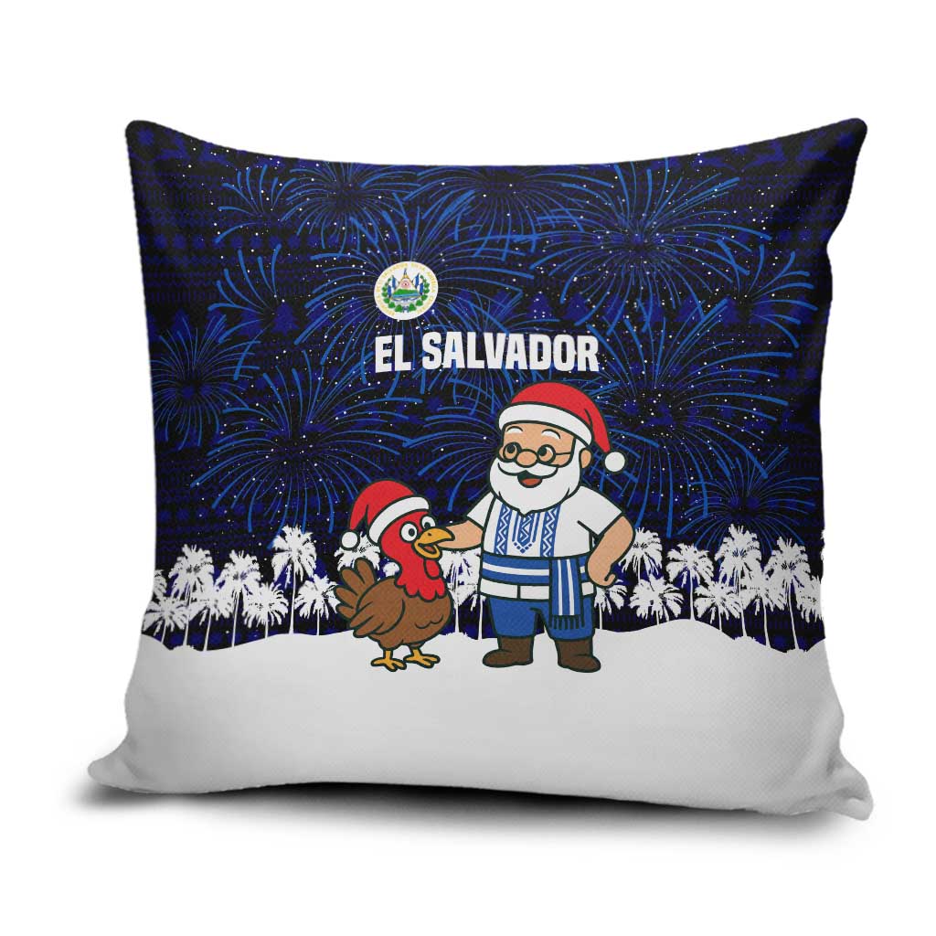 El Salvador Christmas Pillow Cover with Santa Claus Turkey Fireworks Palm Trees and National Emblem Design - Wonder Print Shop