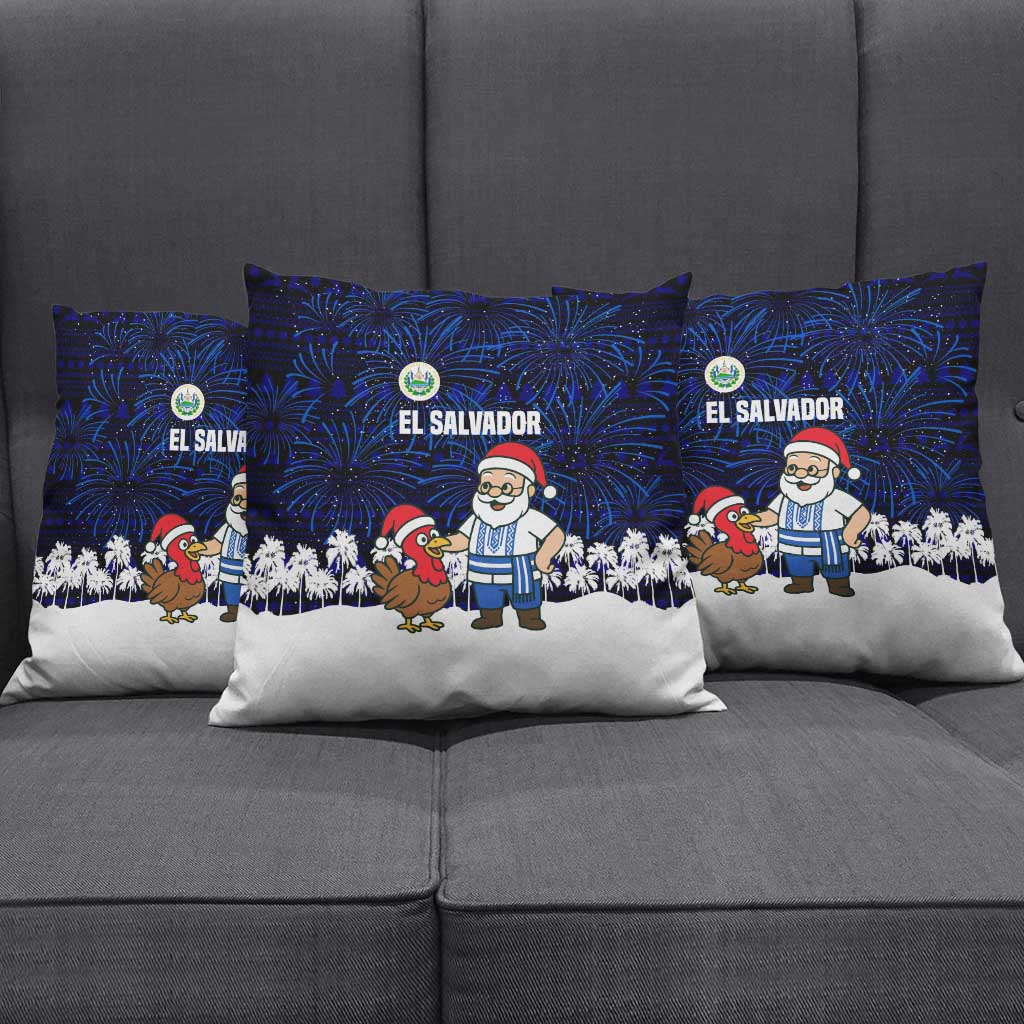 El Salvador Christmas Pillow Cover with Santa Claus Turkey Fireworks Palm Trees and National Emblem Design - Wonder Print Shop
