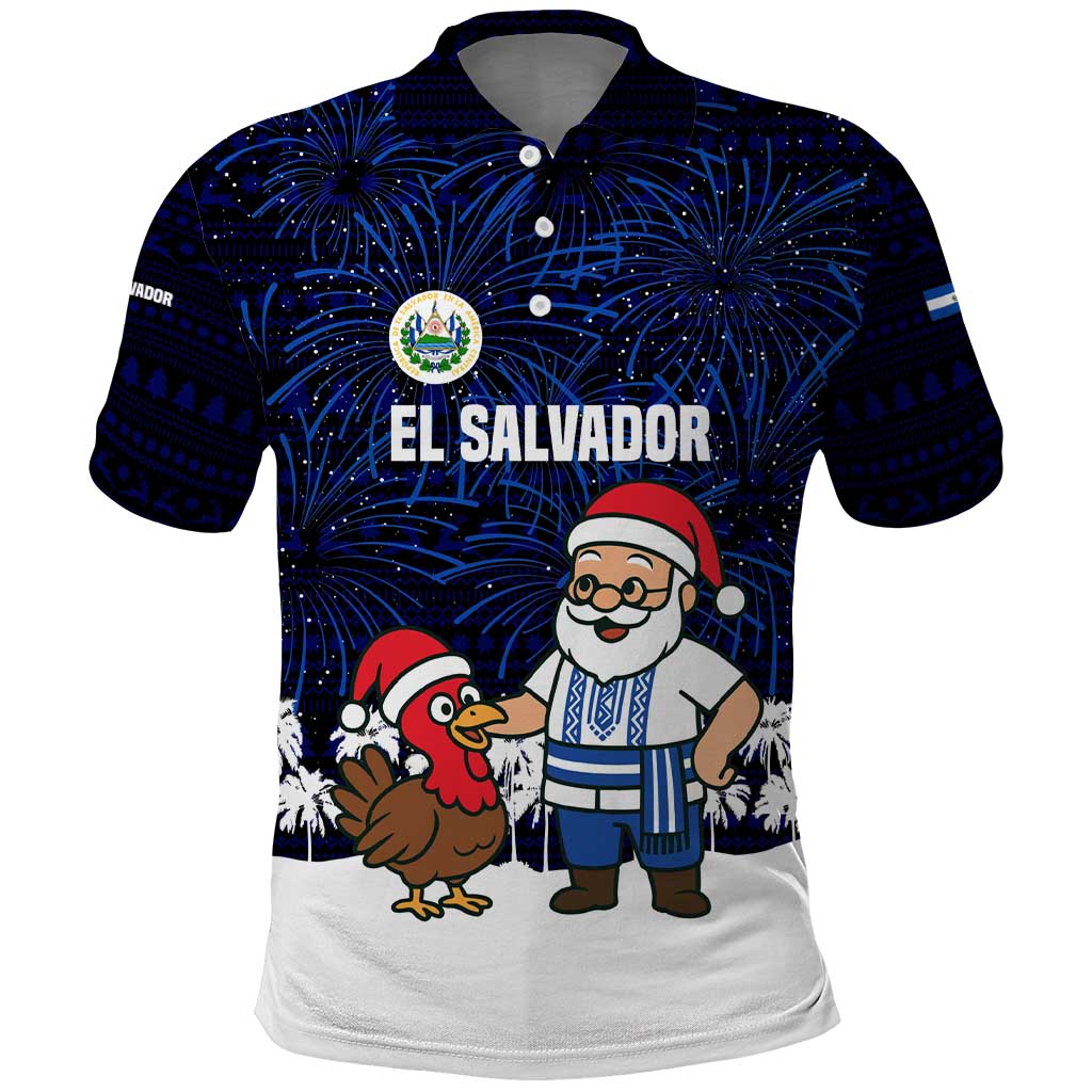 El Salvador Christmas Polo Shirt with Santa Claus Turkey Fireworks Palm Trees and National Emblem Design - Wonder Print Shop